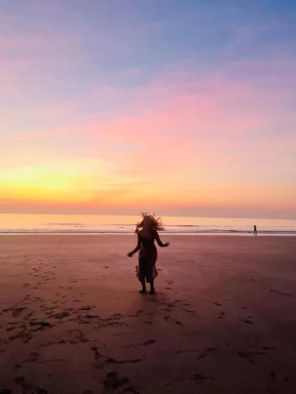 Dancing on the beach at sunset. This is a reminder to myself to embrace freedom, joy, and playfulness as an essential part of my spiritual practice.