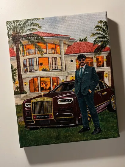 This is the final look of a detailed solo portrait commission. I focused on capturing every detail, from the suit and sunglasses to the luxury car and the mansion in the background, to create a powerful and personalized piece of art.
