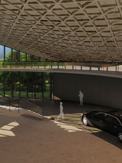 A rendering of a commercial building's lower level, designed to accommodate vehicles. The coffered ceiling and expansive glass walls create a space that is both functional and architecturally interesting, even in a parking area.