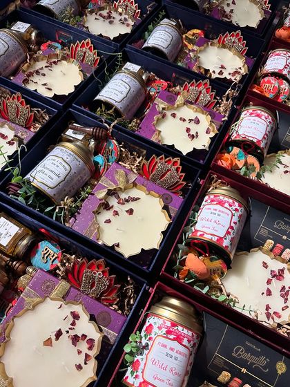 A closer look at the different elements in our Diwali hampers, from the lotus-themed hangings to the jars of honey and tins of tea.