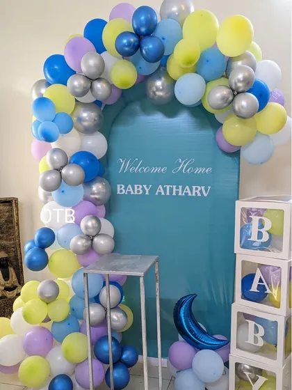 This view highlights the mix of blue, yellow, purple, and silver balloons I used. The small moon foil balloon at the base is a sweet little detail.