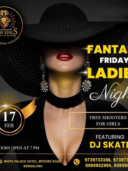 A classic "Fantasy Friday Ladies Night" poster for a pre-Valentine's week event.
