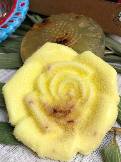 A close-up of the rose-shaped "Sunshine" soap from the Diwali hamper. Its bright color and gentle fragrance bring a little joy to your skincare routine.