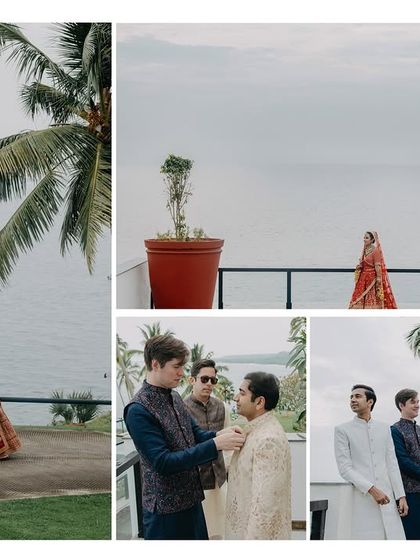 A collage showcasing the stunning coastal views of Kerala from Shreya and Rohan's wedding. It captures both the bride's anticipation and the groom's moments with his friends against the ocean backdrop.