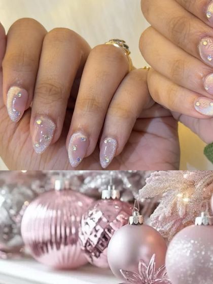 A dreamy, frosty look with pearlescent glitter and delicate stones, perfect for winter parties.