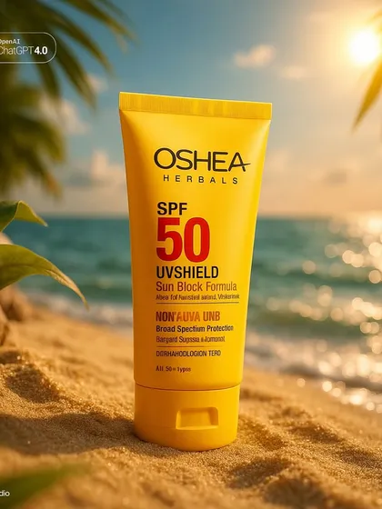 This entire beach scene? Generated with AI. We took a basic product photo of Oshea Herbals sunscreen and used ChatGPT 4.0 to create a hyper-realistic, golden-hour backdrop. This is how we deliver high-end campaign visuals on a tight timeline.