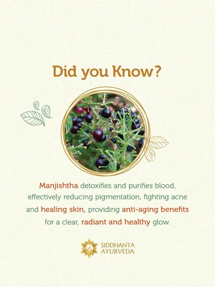 Did you know that Manjishtha is a premier blood purifier in Ayurveda? This herb is essential for skin health, as it detoxifies the blood to reduce pigmentation, fight acne, and provide anti-aging benefits for a clear glow.