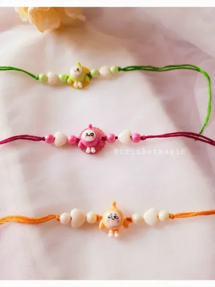 These tiny cartoon Rakhis are perfect for a baby's first Raksha Bandhan. The small, cute character beads are strung on a soft, simple thread that is gentle on delicate skin.