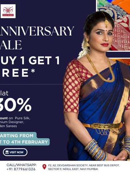 A promotional image for my anniversary sale, featuring a model in a classic blue South silk saree. The offer includes a flat 30% discount on pure silk, premium designer, and garden sarees.