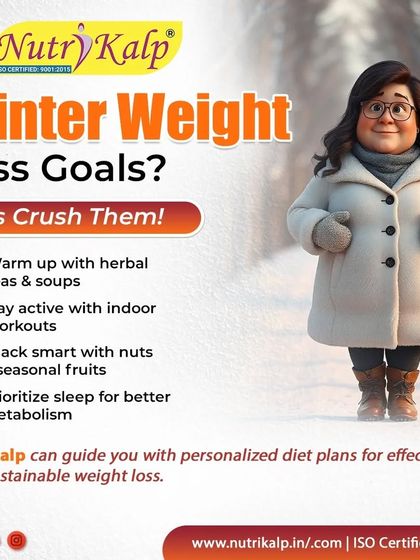Don't let winter stop you from reaching your goals. This graphic offers tips for winter weight loss, including warming up with herbal teas, doing indoor workouts, and snacking smart on nuts and seasonal fruits.