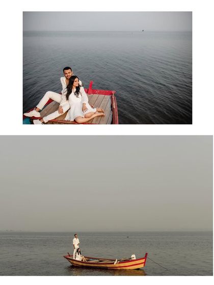 A diptych showing the couple on a pier and in a boat on a vast, calm lake. The images convey a sense of peace and solitude.
