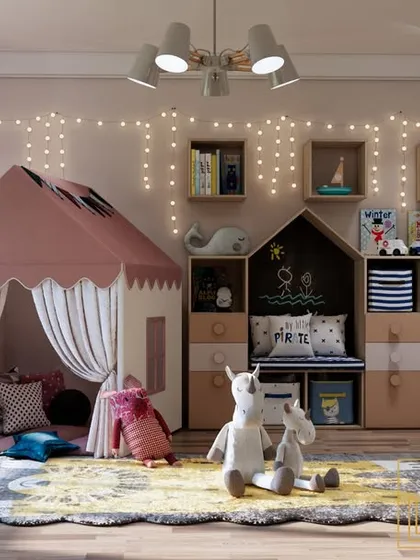 This whimsical playroom design shows our ability to create magical spaces for children. We incorporated a play tent, accessible shelving for toys and books, and soft textures to create a safe and inspiring environment for play and learning.