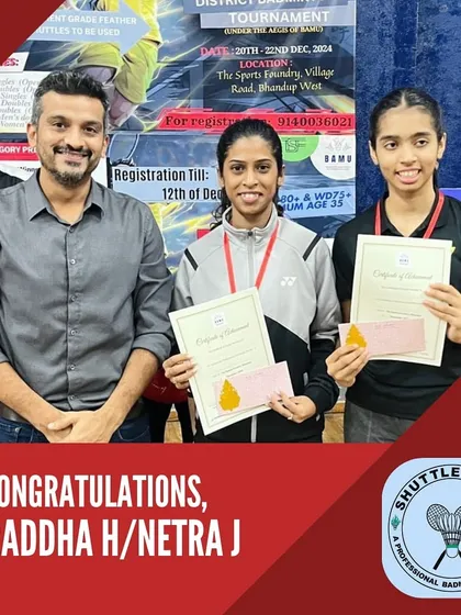A powerful partnership. Congratulations to Shraddha Hakke and Netra Jhalani on securing the gold medal in the Women's Doubles Open category at the Mumbai District Badminton Tournament.