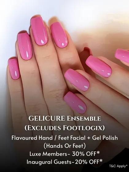 A promotional graphic for my Gelicure Ensemble, which includes a flavored hand or feet facial plus a gel polish application. The image shows a vibrant pink manicure.