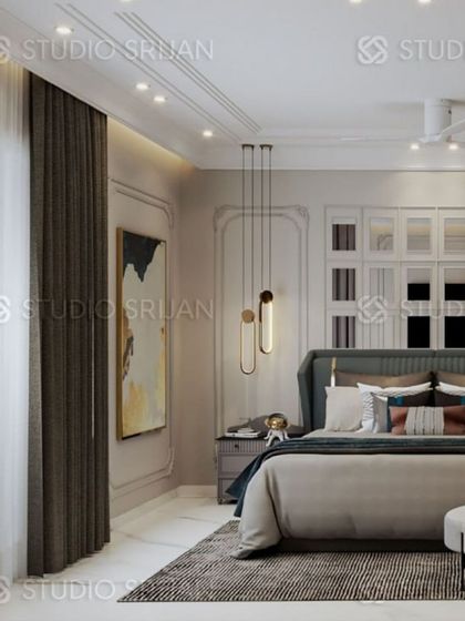 Another view of the Krishna Park bedroom, showing the tall, tufted headboard and modern, suspended bedside lights.
