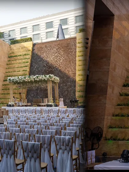 A composite view of the wedding ceremony space, showing the guest seating, the aisle, and the beautifully decorated mandap area.