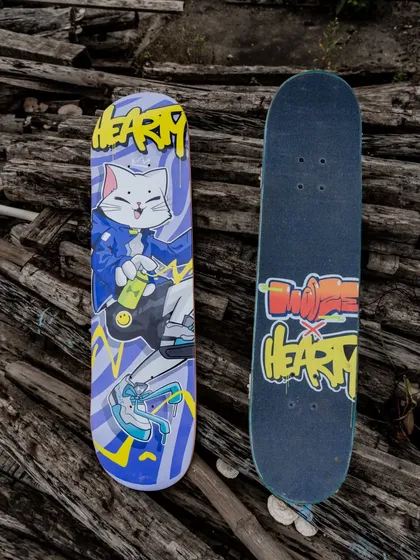 A closer look at the Hearty Skateboards deck design. The cat character is holding a spray can, a nod to my graffiti roots and the creative spirit of skating.