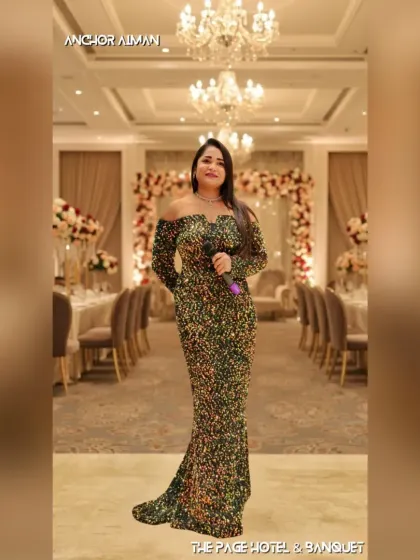 Ready for the main wedding event at The Page Hotel, Rohtak. Dressed in a shimmering gown, I am prepared to host the evening with grace and ensure a seamless flow from the couple's entry to the final rituals.