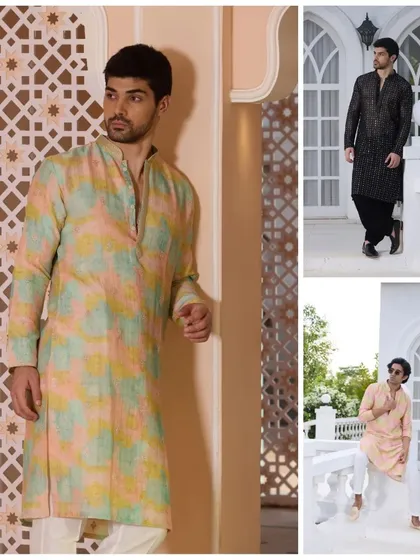 This collage highlights the versatility of my kurta collection, from vibrant prints to classic black. Each piece is designed to blend tradition with trend, perfect for the modern man.