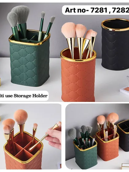 These multi-use storage holders have a premium quilted leather look with a gold rim. They are divided into four compartments, making them perfect for organizing makeup brushes, pens on your desk, or cutlery.