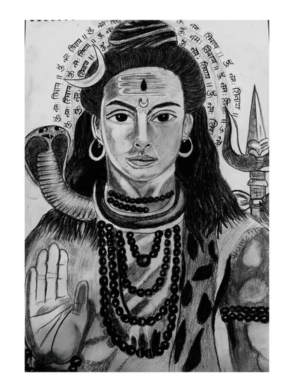 Our drawing classes help students build strong foundational skills, progressing to create detailed and expressive pieces like this charcoal sketch of Lord Shiva. We guide each artist to bring their vision to life on paper.
