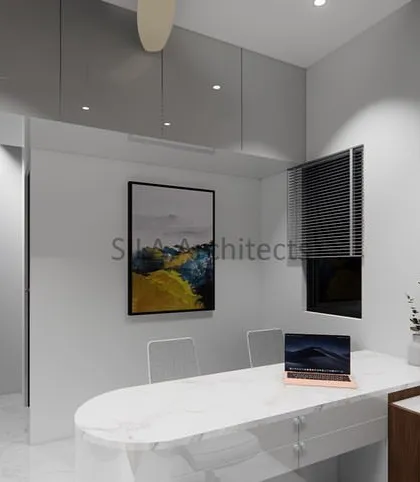 A 3D concept for a doctor's consultation room within a hospital. The design is clean, professional, and calming, with minimalist furniture and organized storage to ensure a focus on patient care.