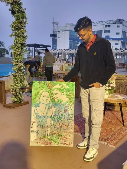 Besides the quick sketches, I also offer larger, more detailed paintings. This was a custom piece for a wedding, done live with a splash of color. It's a great option if you want a unique artwork that captures the main vibe of your celebration.