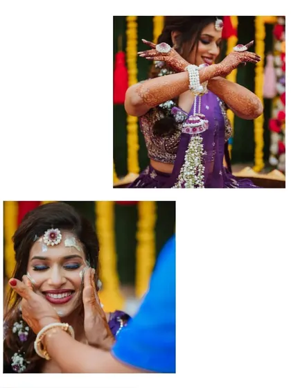 A collage from a Haldi or Mehendi function, showing the bride dancing and enjoying the rituals.