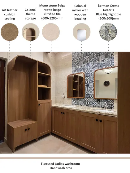 This design board illustrates the material palette for the ladies' handwash area, showcasing the thoughtful selection of finishes. It highlights the art leather for seating, colonial-style storage, matte beige tiles, and decorative highlight tiles that come together to create a cohesive and elegant space.