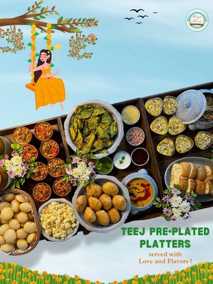 Celebrate Teej & Rakhi in style with our Pre-Plated Festive Platters. This image showcases a large, beautifully curated platter with traditional Indian items like Gol Gappe, Pav Bhaji, and Palak Patta Chaat.