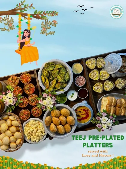 Celebrate Teej & Rakhi in style with our Pre-Plated Festive Platters. This image showcases a large, beautifully curated platter with traditional Indian items like Gol Gappe, Pav Bhaji, and Palak Patta Chaat.