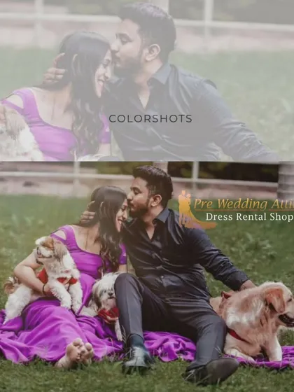 This maternity shoot shows that you can include your beloved pets! Our purple flowy gown provides a beautiful spread of color on the grass for a memorable family portrait.