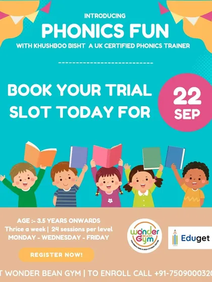 Book a trial slot for our Fun Phonics class! We help children learn letter sounds, blending, and tricky words through interactive sessions full of music and activities.