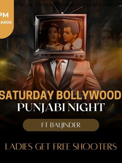 A poster for a Bollywood Punjabi night with a cool, retro TV graphic. I play at venues that have creative and fun event concepts.