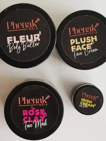 This customer photo showcases some of my best-sellers for dry skin. The collection includes the Fleur Body Butter, Plush Face Cream, Rose Clay Face Mask, and Irish Cream Lip Balm. As the review mentions, these products work together to soothe, moisturize, and provide a beautiful glow.