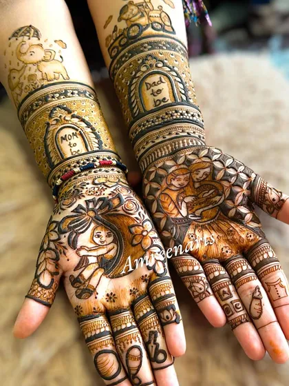 Celebrating the journey to motherhood with a custom baby shower mehandi. This design features adorable "mom-to-be" and "dad-to-be" portraits, surrounded by intricate patterns and baby-themed motifs.