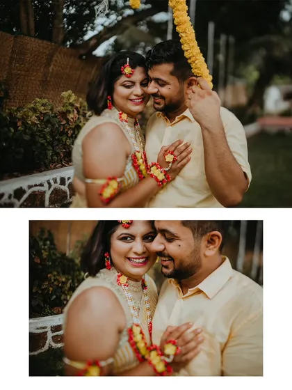 A diptych of sweet, close-up couple portraits from their Haldi ceremony.