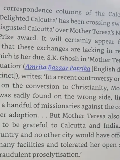 An extract from Aroup Chatterjee's book on Mother Teresa. It provides historical context from 1979, showing that her support for proselytization was a known issue even then.