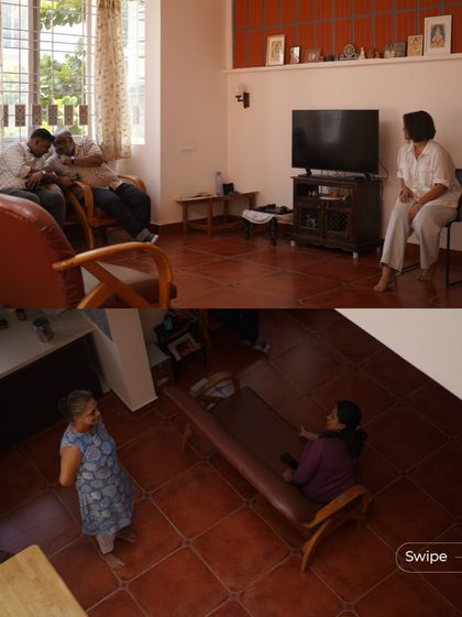 A collage showing residents enjoying the warm, terracotta-tiled living spaces of the Gopal Residence. The home is designed to be a comfortable and functional backdrop for everyday family life.