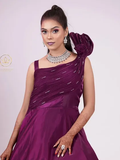 This model is wearing a modern American Diamond choker with a contemporary gown. It shows how my jewellery can be styled for non-traditional outfits.