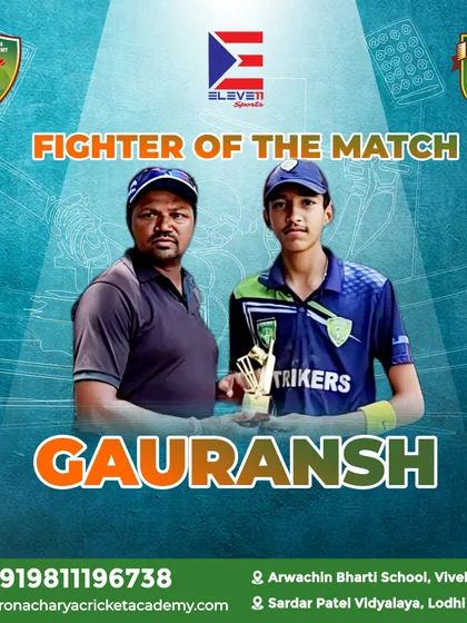 Gauransh is awarded Fighter of the Match. His tenacity on the field embodies the spirit of never giving up, a core lesson we teach at Dronacharya Cricket Academy.