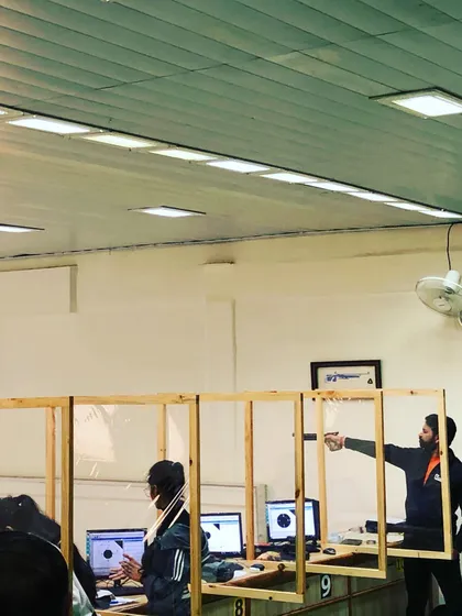 A wider view of our socially-distanced training setup. Even with safety measures, our focus on providing high-quality coaching and access to electronic targets remained unchanged.
