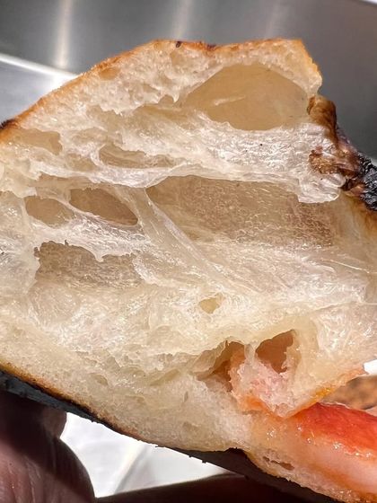 The web-like gluten structure inside our dough. This is what gives our crust its signature chew and lightness. It's the science behind the art.