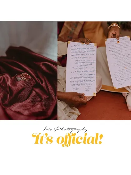 This collage pairs a detail shot of the rings with a photo of the official marriage document, signifying the moment it all becomes official.
