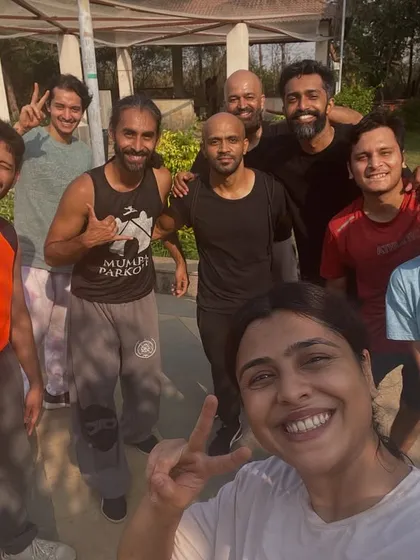 A selfie from our outdoor training session. Rock climbers, parkour athletes, and movement lovers—this is where friendships are forged.