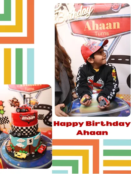 A collage celebrating Ahaan's car-themed birthday, showing the birthday boy and his incredible multi-tiered cake.