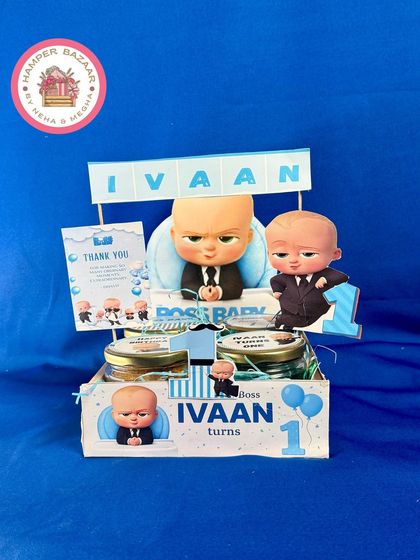 A full view of the 'Ivaan turns one' Boss Baby hamper, showing how we layer different elements to create a 3D effect.