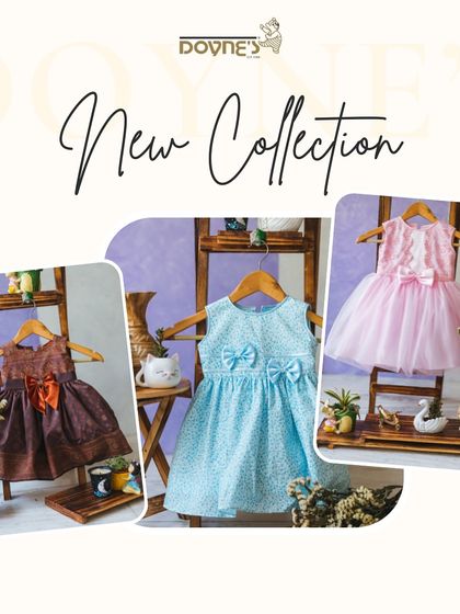 A new collection announcement featuring three distinct styles: a traditional Indo-Western dress, a sweet blue printed frock, and a pink tulle party dress.