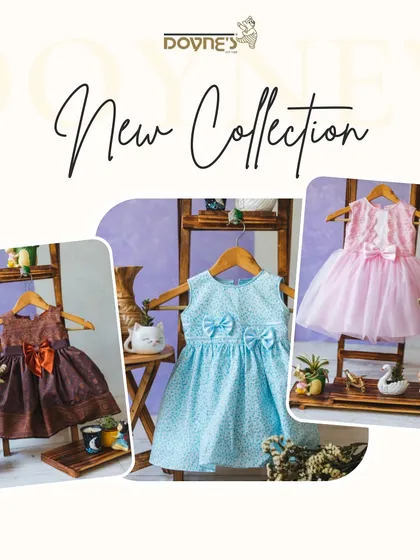 A new collection announcement featuring three distinct styles: a traditional Indo-Western dress, a sweet blue printed frock, and a pink tulle party dress.