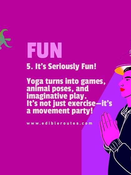 An infographic highlighting the fun aspect of kids' yoga, turning it into games and imaginative play.